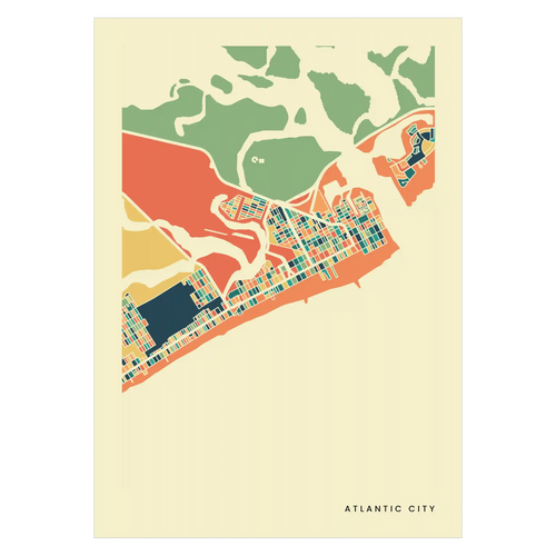 Abstrakte Stadtkarte von Atlantic City in bunten Farbflächen, Stadtname unten rechts
