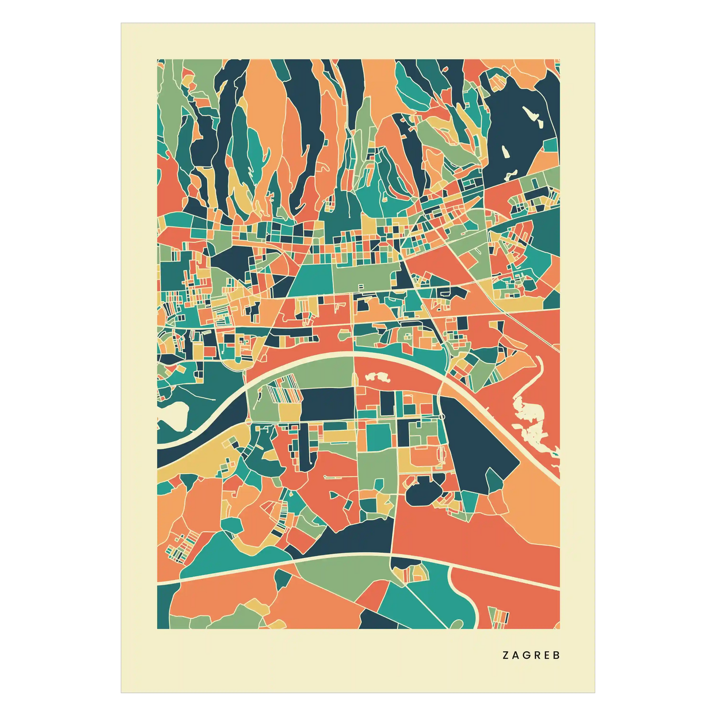 Zagreb Stadtkarte Poster – Polychroma Modern Art Print