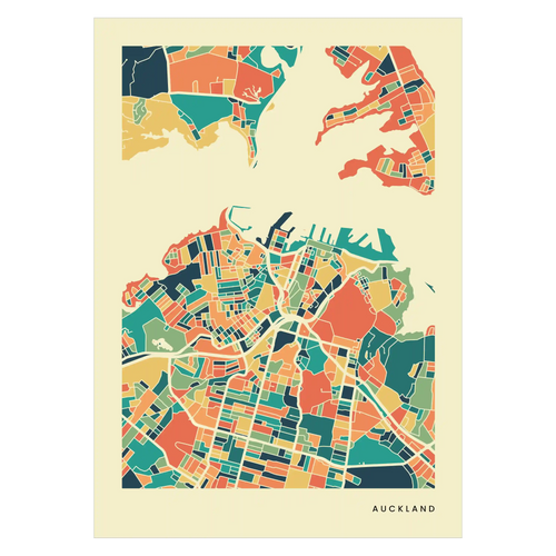 Abstrakte Stadtkarte von Auckland in bunten Farbflächen, Stadtname unten rechts