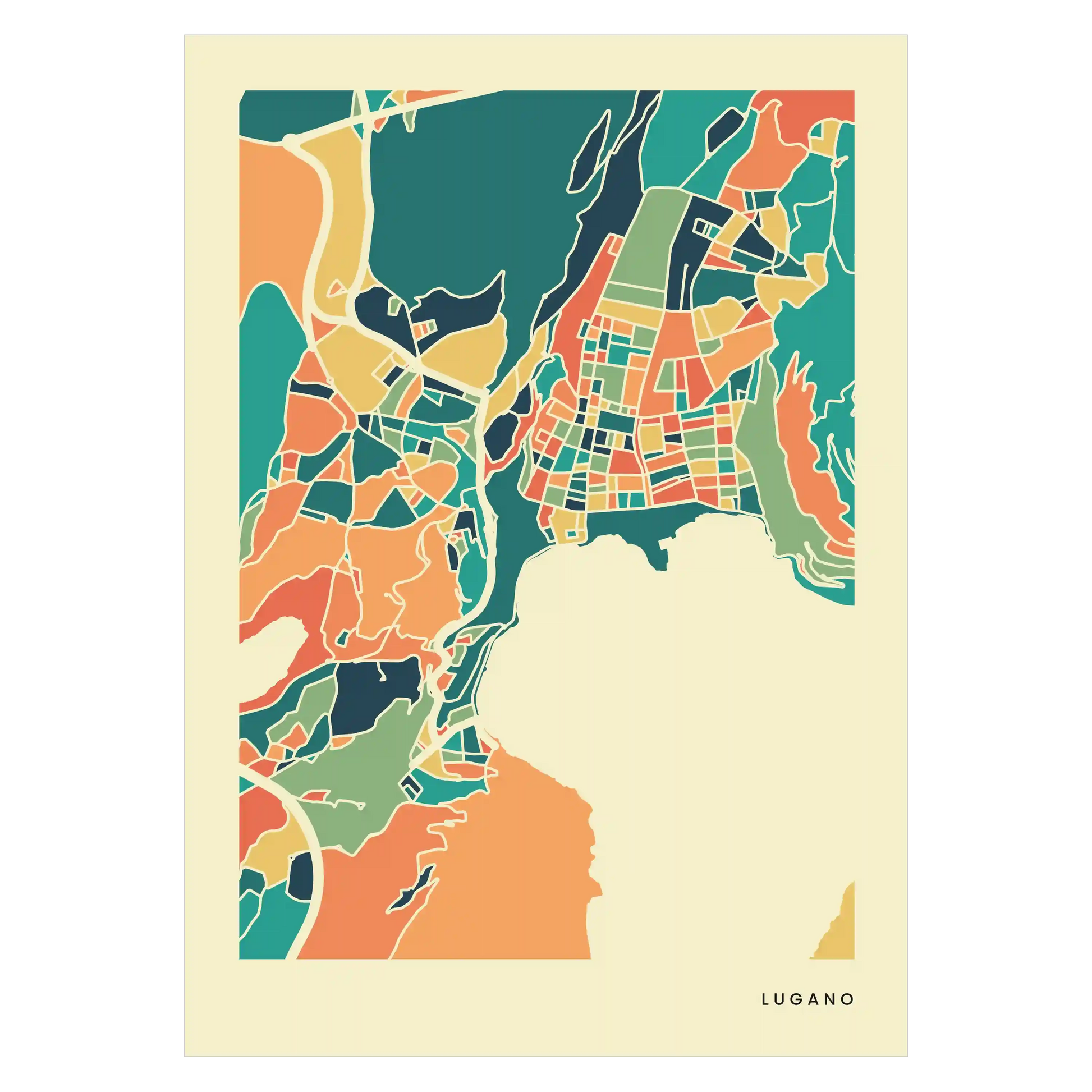 Lugano Stadtkarte Poster – Polychroma Modern Art Print