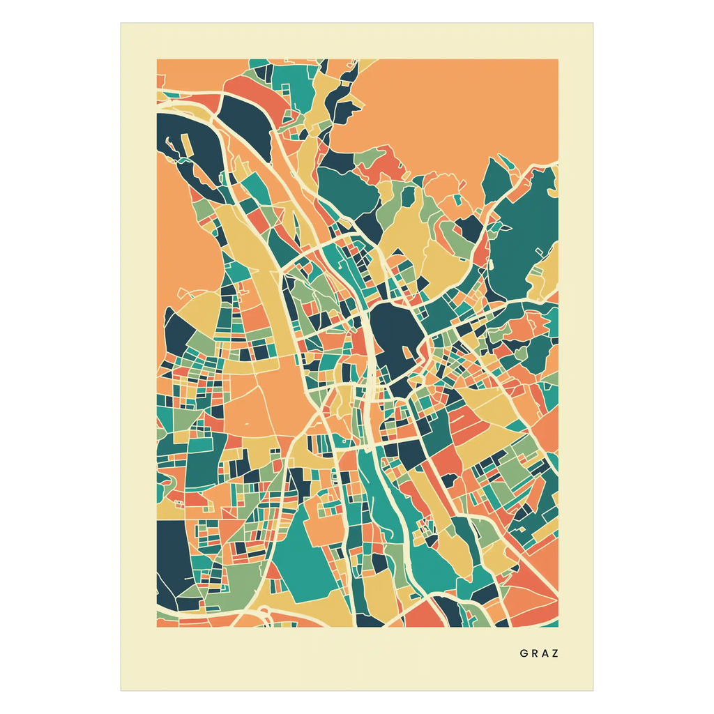 Graz Stadtkarte Poster – Polychroma Modern Art Print