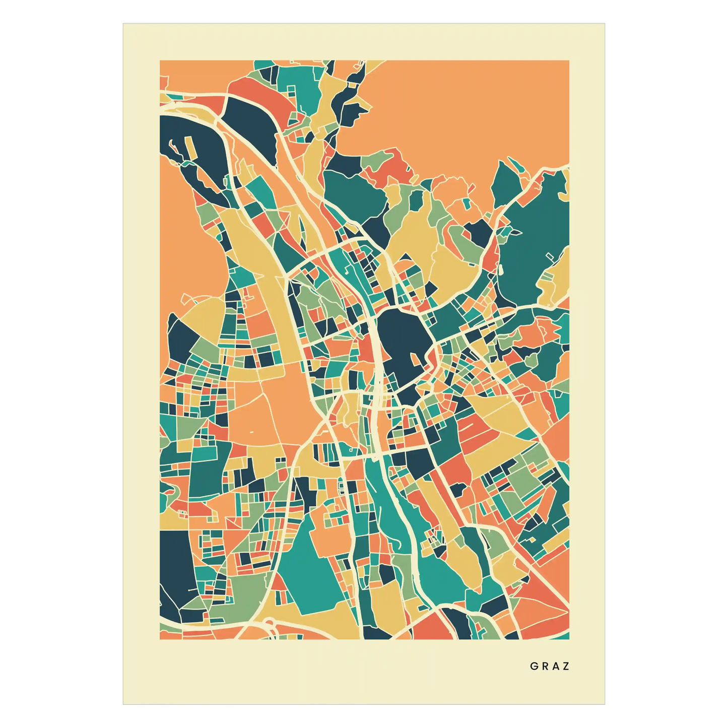 Graz Stadtkarte Poster – Polychroma Modern Art Print