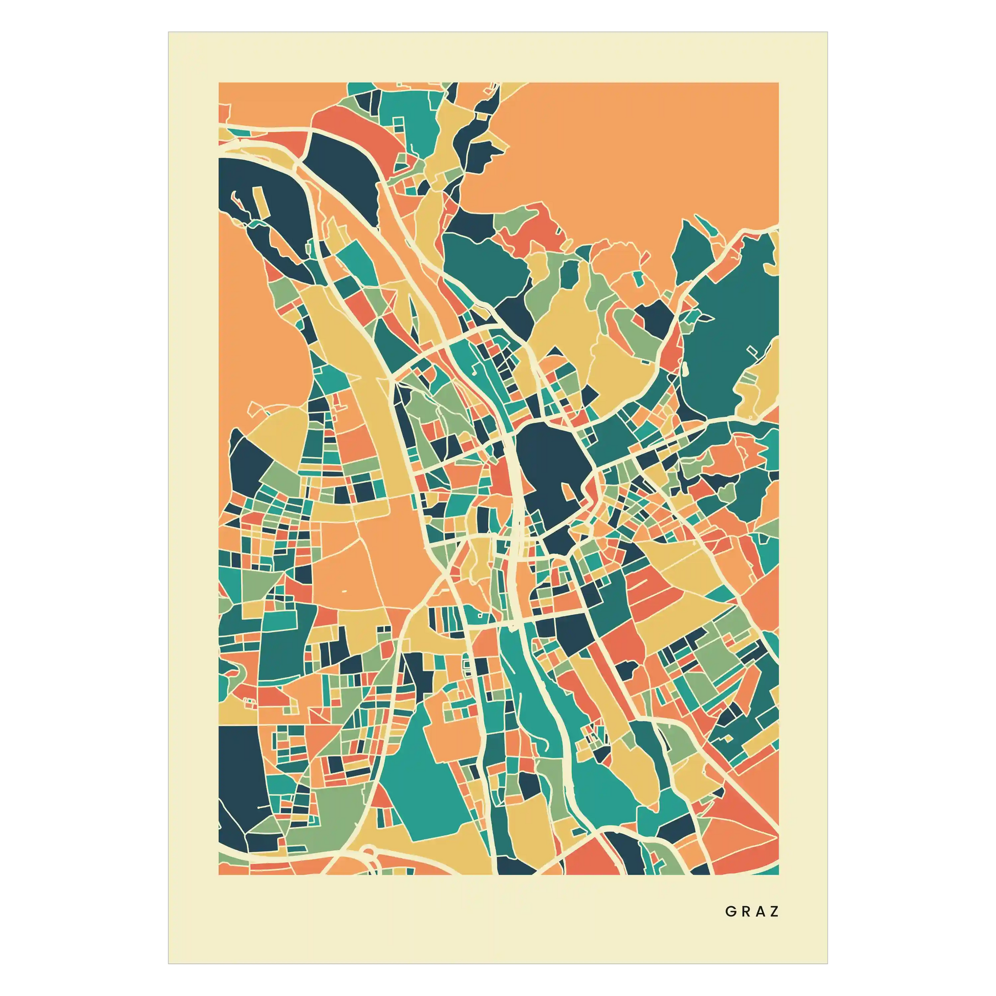 Graz Stadtkarte Poster – Polychroma Modern Art Print