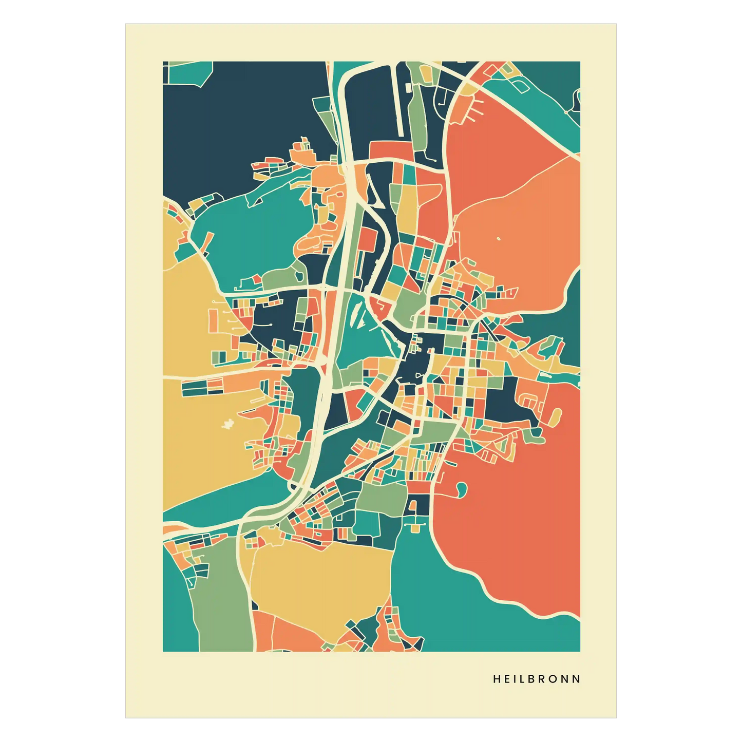 Heilbronn Stadtkarte Poster – Polychroma Modern Art Print