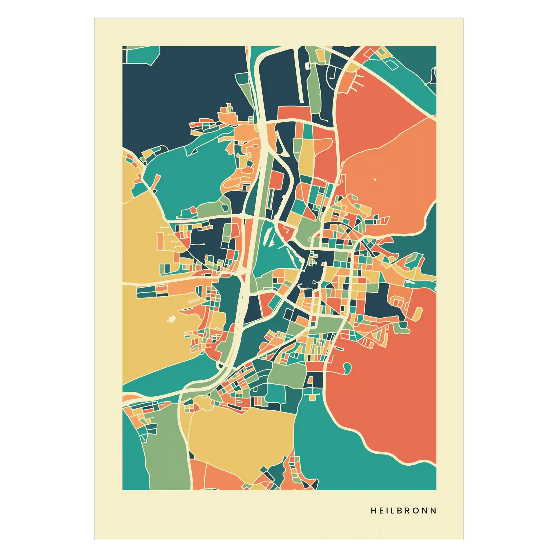 Heilbronn Stadtkarte Poster – Polychroma Modern Art Print