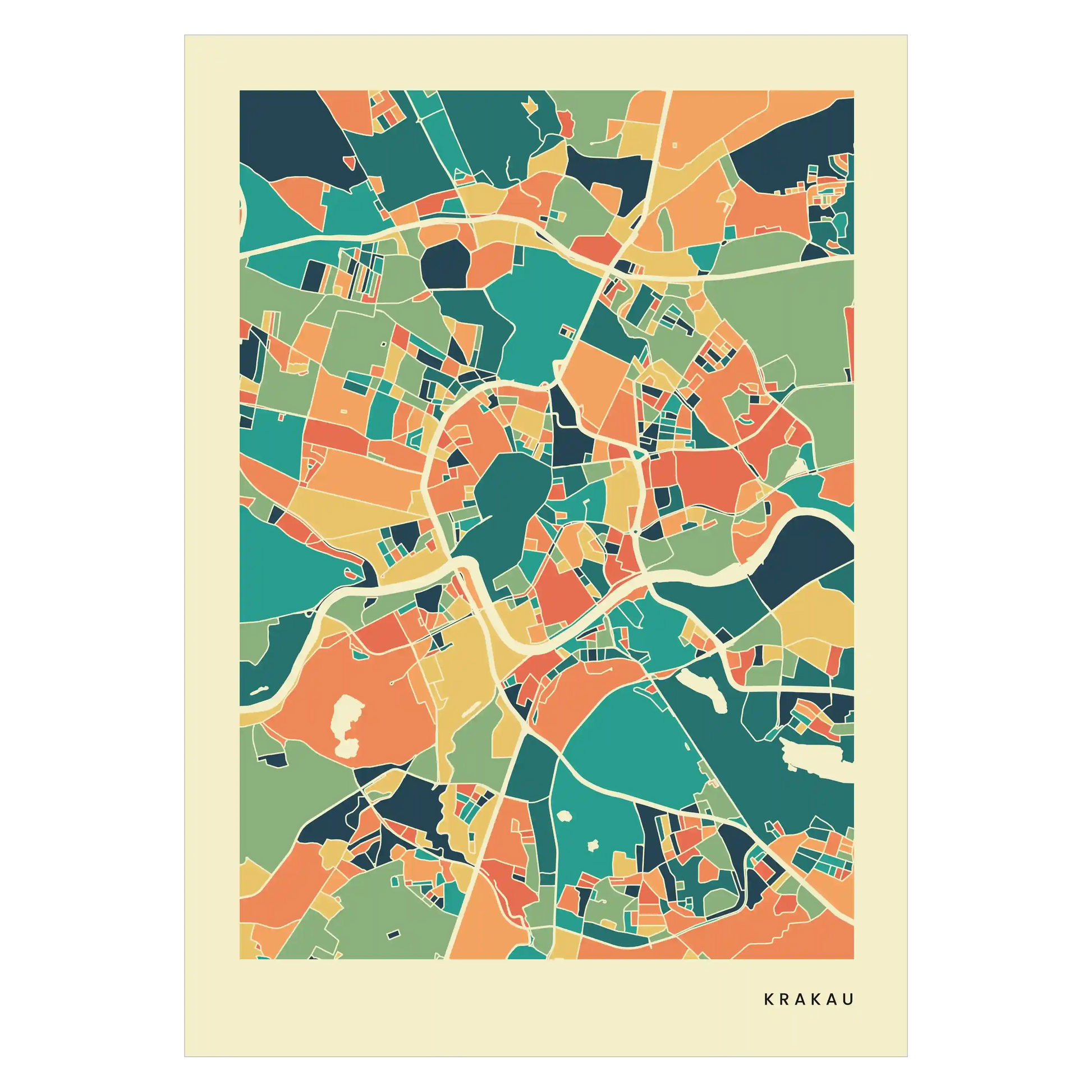 Krakau Stadtkarte Poster – Polychroma Modern Art Print