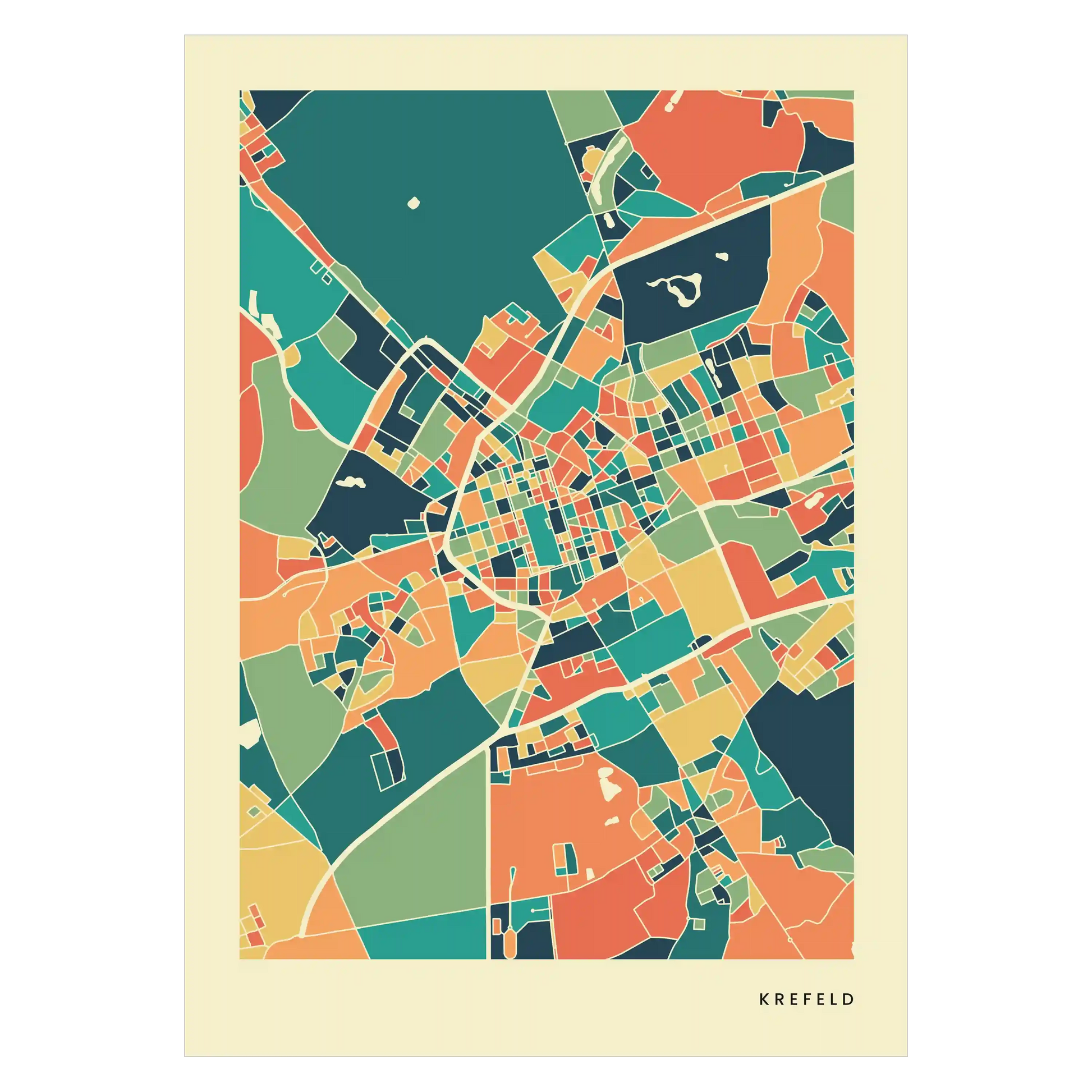 Krefeld Stadtkarte Poster – Polychroma Modern Art Print