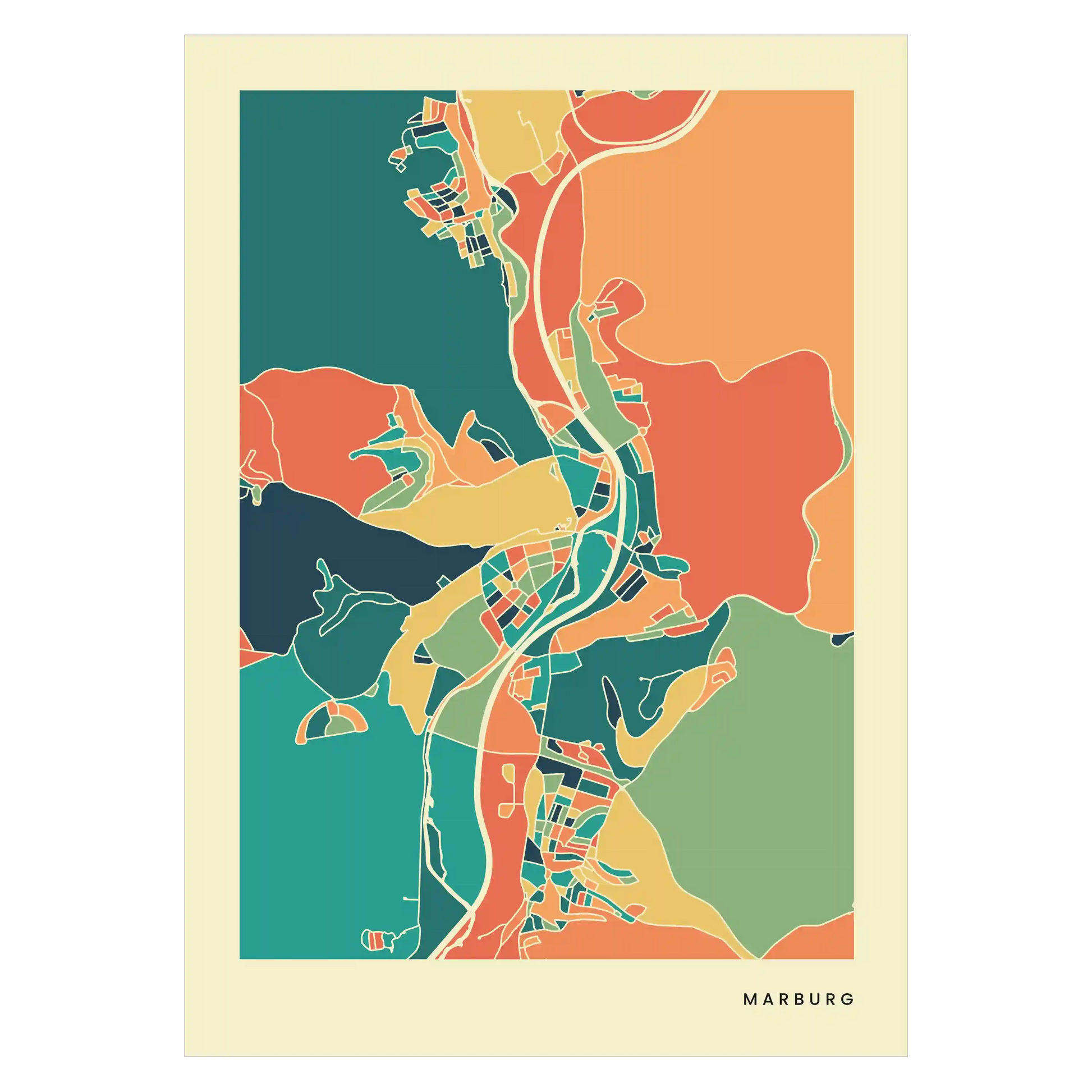Marburg Stadtkarte Poster – Polychroma Modern Art Print