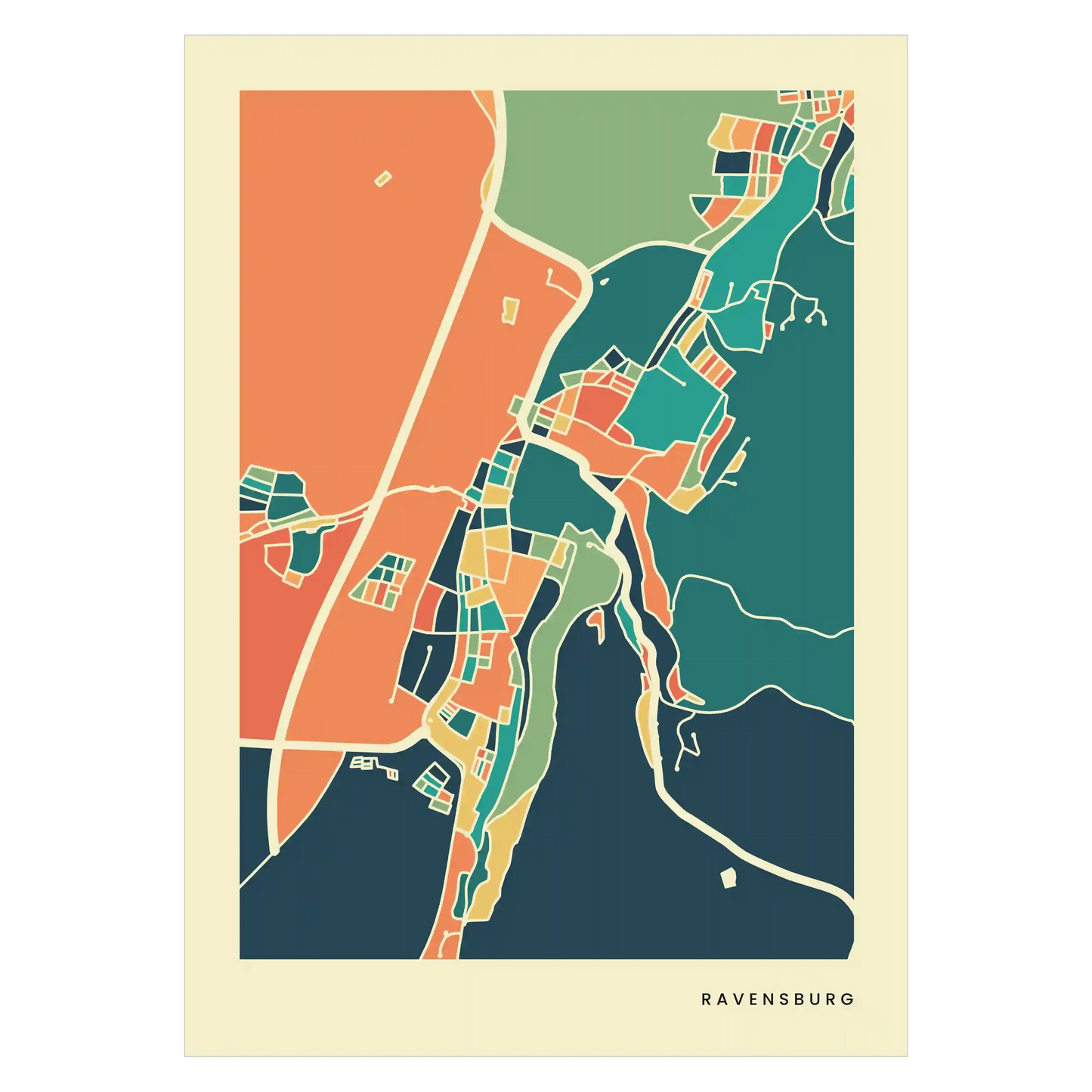 Ravensburg Stadtkarte Poster – Polychroma Modern Art Print