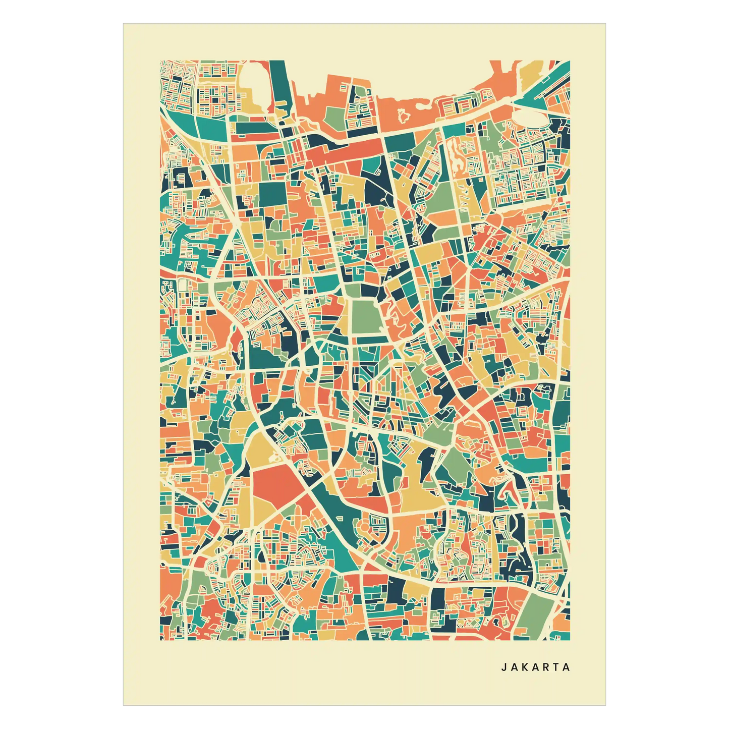 Jakarta Stadtkarte Poster – Polychroma Modern Art Print