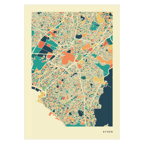 Abstrakte Stadtkarte von Athen in bunten Farbflächen, Stadtname unten rechts