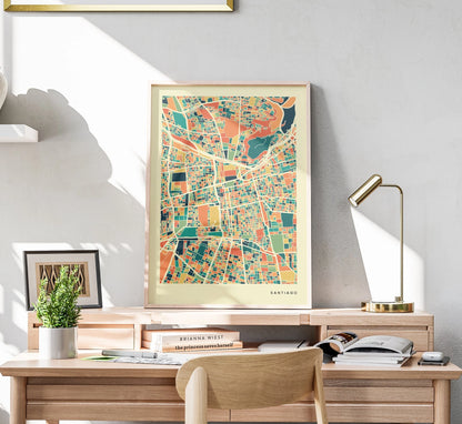 Santiago Stadtkarte Poster – Polychroma Modern Art Print