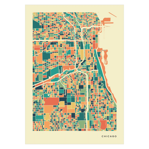 Abstrakte Stadtkarte von Chicago in bunten Farbflächen, Stadtname unten rechts