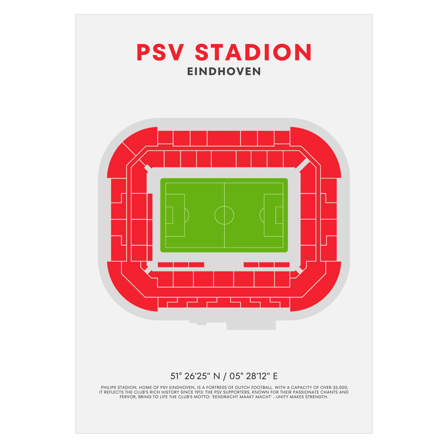 PSV Eindhoven Stadium Art Print - Modern Football Ground Poster - Dutch Soccer Wall Art - GPS Coordinates - Sports Fan Gift