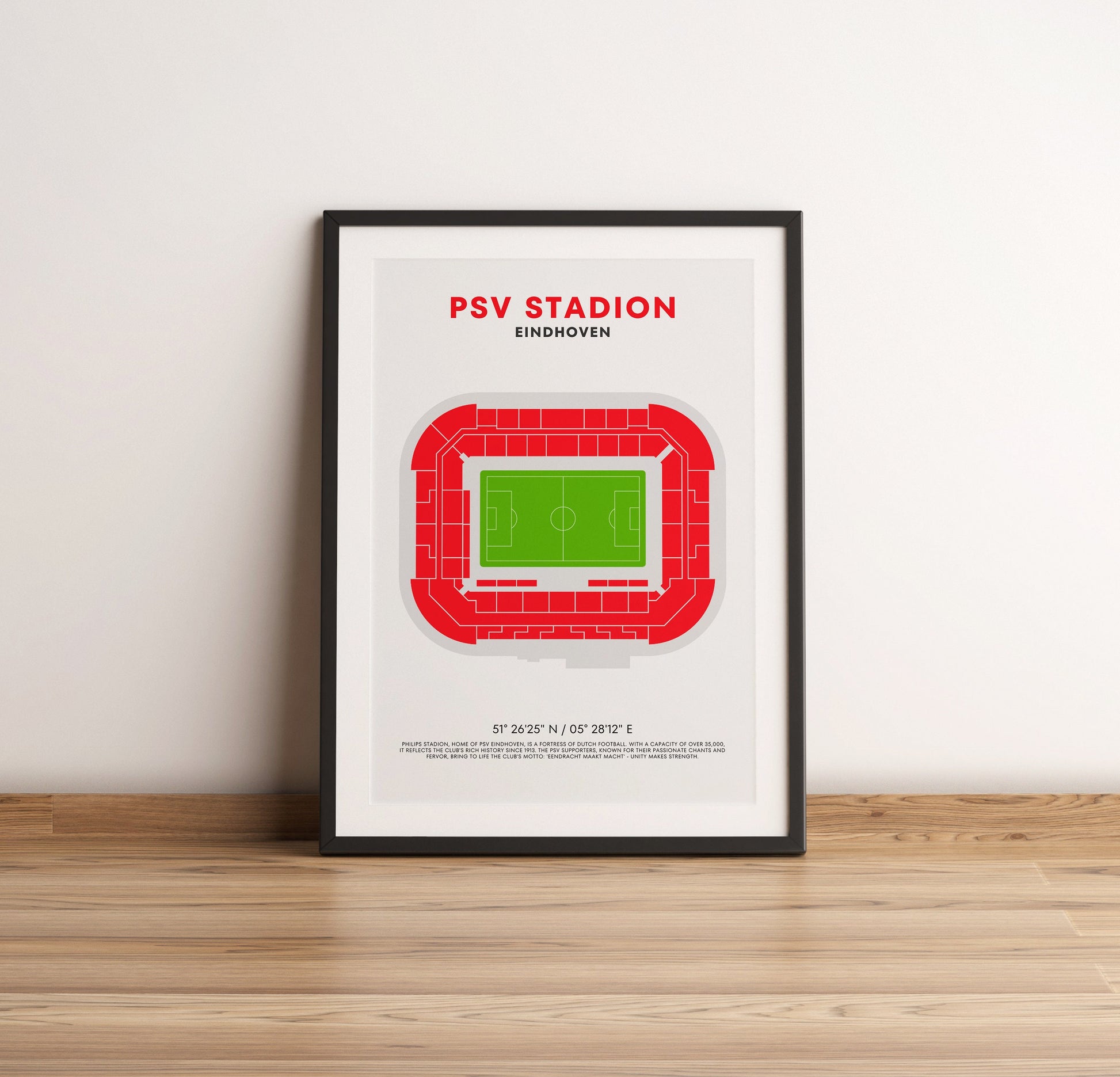 PSV Eindhoven Stadium Art Print - Modern Football Ground Poster - Dutch Soccer Wall Art - GPS Coordinates - Sports Fan Gift
